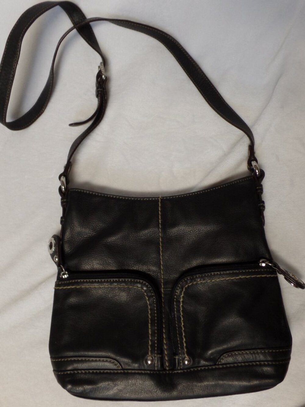Tignanello Black Leather Crossbody Bag Purse Adjustable Strap Striped Interior
